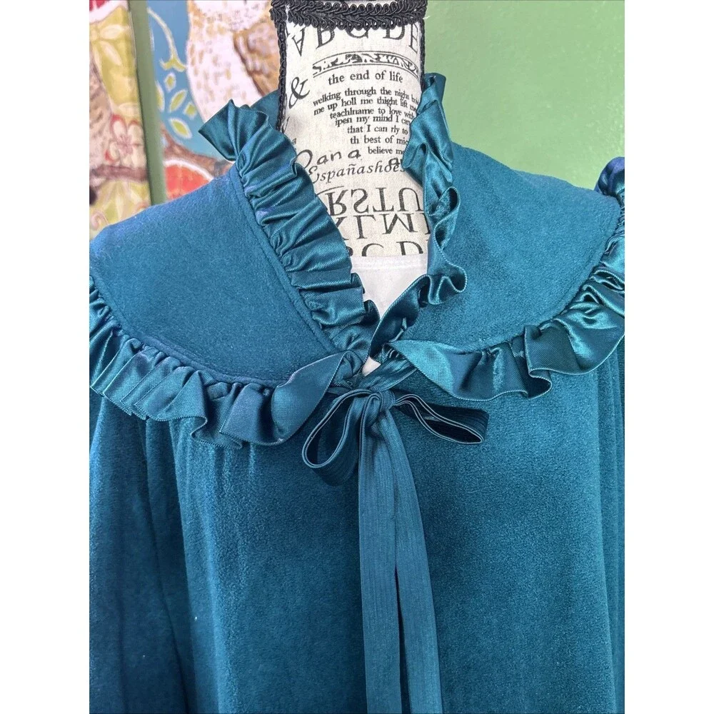 Vtg Teal JC Penny Housecoat-S Ruffle Collar Granny 80s Victorian Cottage